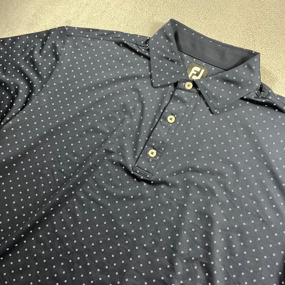 FootJoy Mens XL Navy Blue Diamond Print Performance Golf Polo Shirt Fox Sleeve